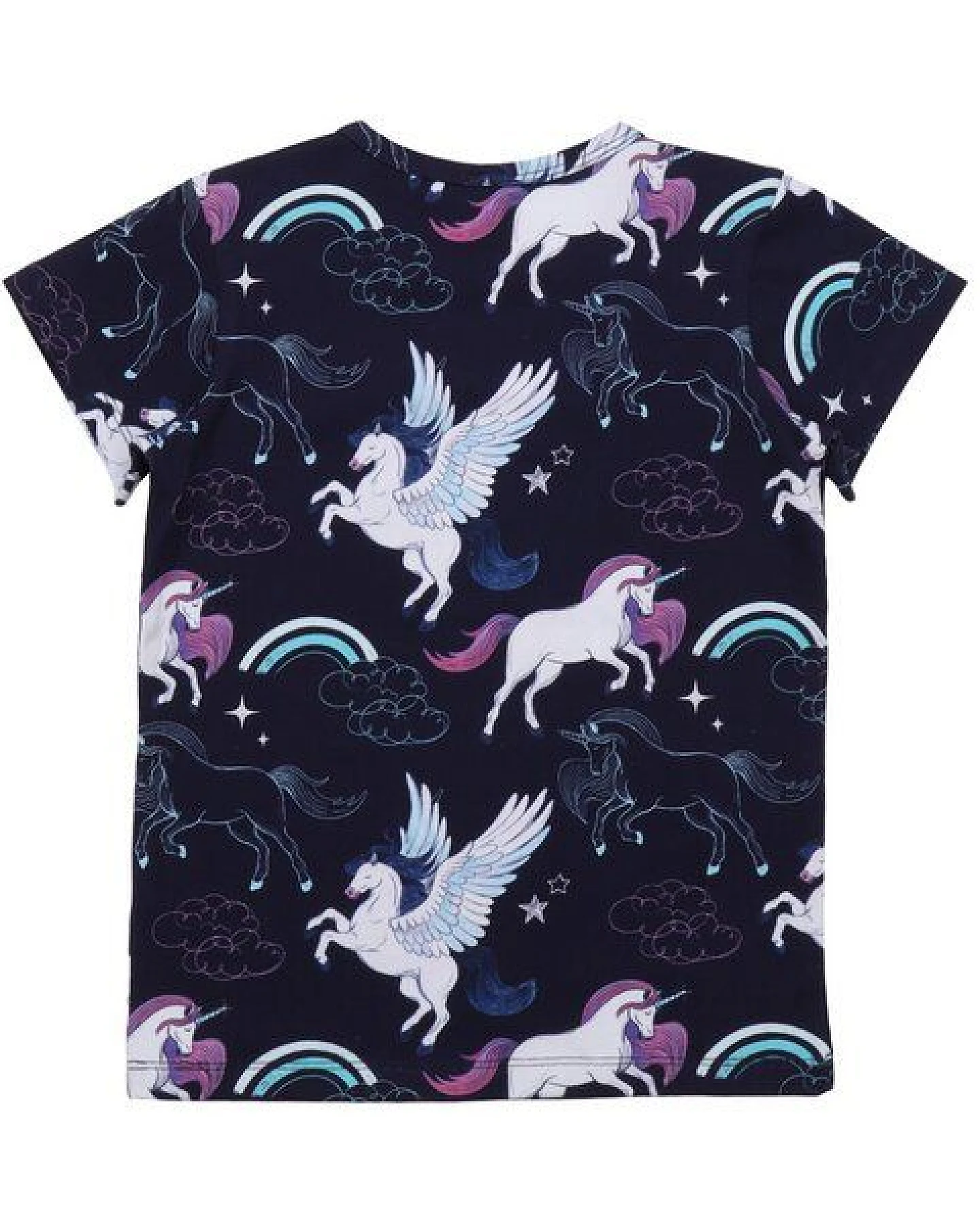 Kinder T-Shirt GOTS zertifiziert, 95% Bio-Baumwolle, dunkelblau, Einhorn-Pegasus-Muster, weich – Walkiddy – Ansicht 3