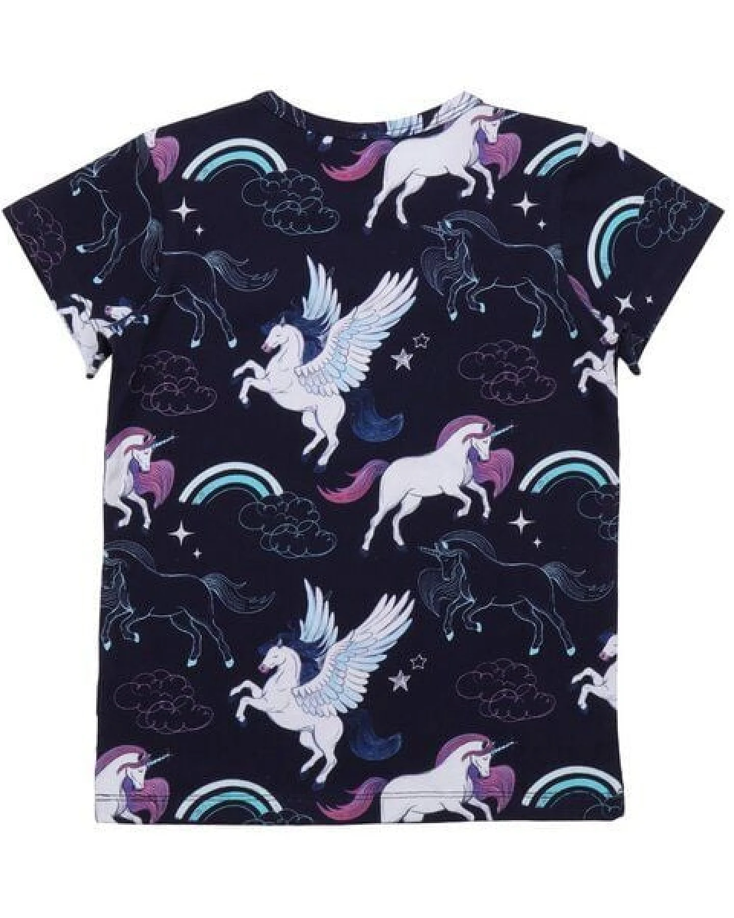 Kinder T-Shirt GOTS zertifiziert, 95% Bio-Baumwolle, dunkelblau, Einhorn-Pegasus-Muster, weich – Walkiddy – Ansicht 3