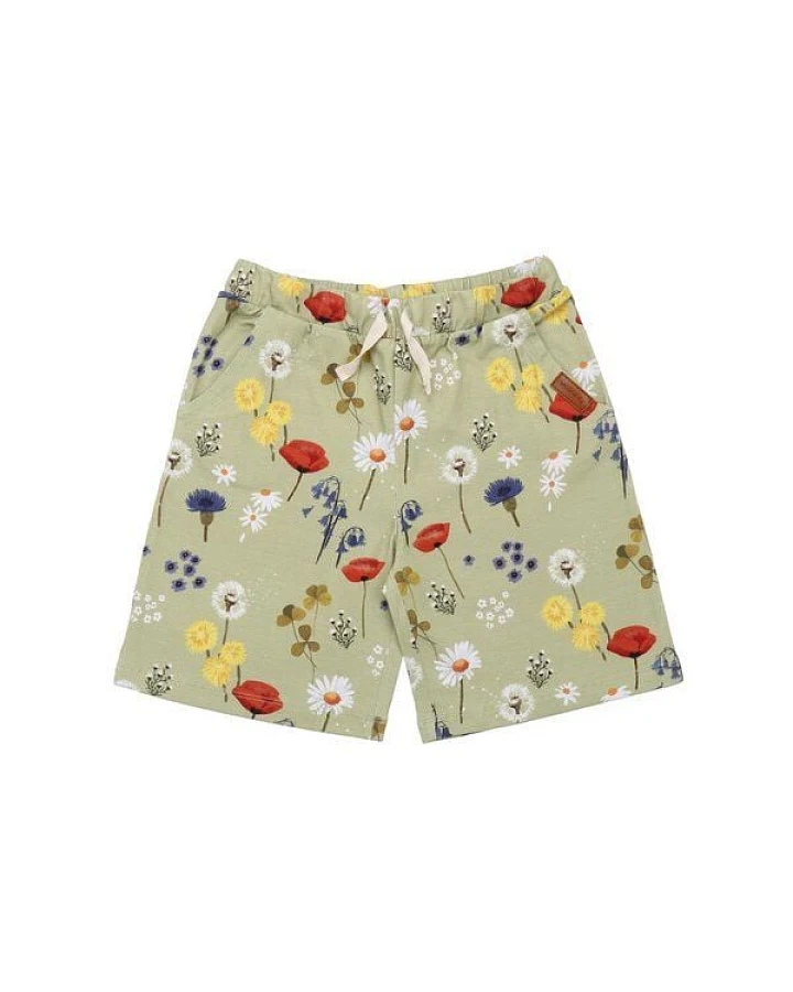 Kinder Shorts GOTS zertifiziert, grün, „Wild Flowers“ Blumen-Allover, weich & bequem – Walkiddy