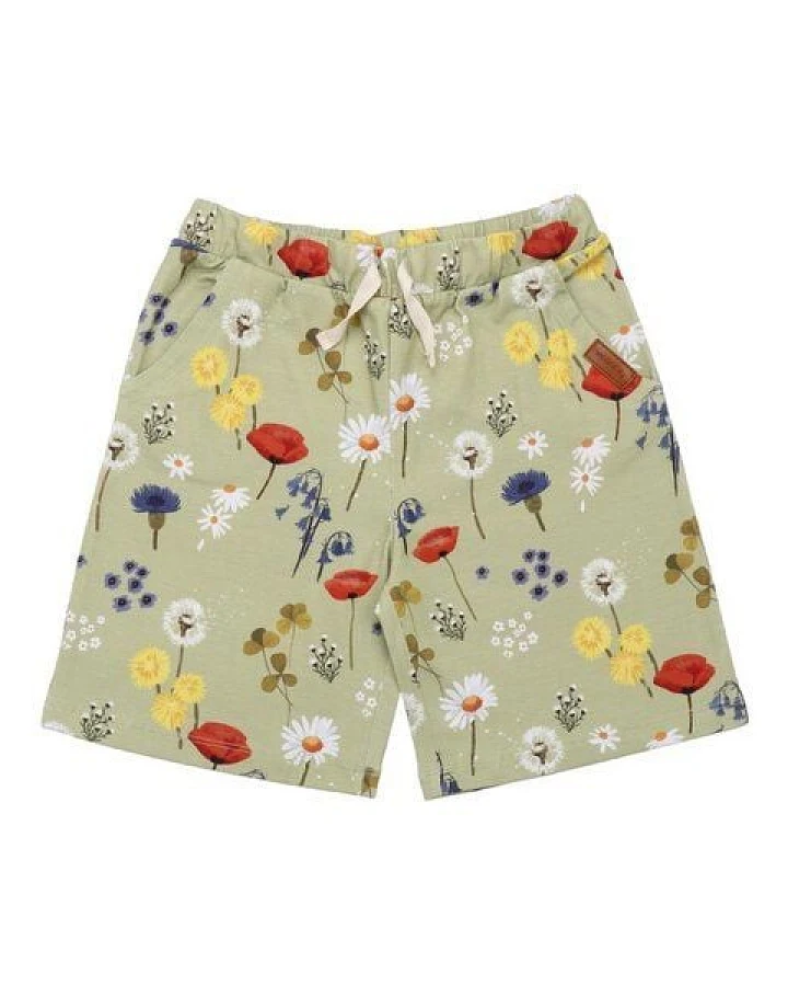 Kinder Shorts GOTS zertifiziert, grün, „Wild Flowers“ Blumen-Allover, weich & bequem – Walkiddy