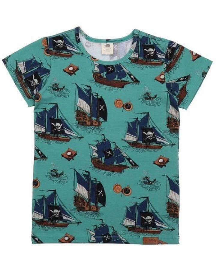 Kinder T-Shirt GOTS-zertifiziert aus Bio-Baumwolle grün mit Piratenschiff-Motiv – Walkiddy