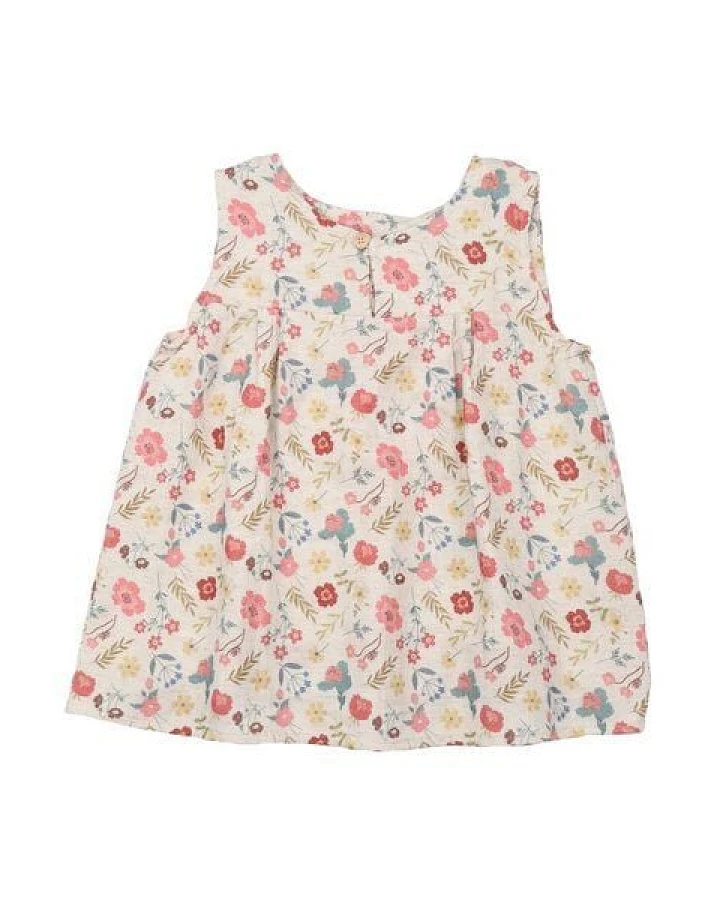 Mädchen Bluse GOTS zertifiziert, Bio-Baumwolle, mehrfarbig, Blumen-Blätter-Muster, ärmellos, leicht – Walkiddy