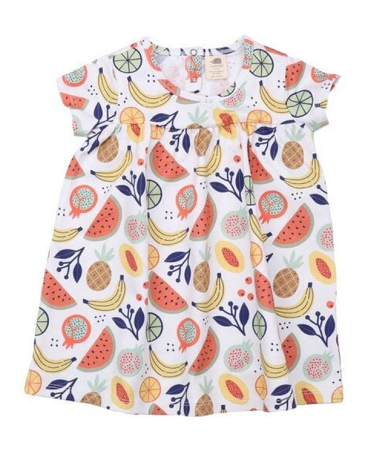 Baby Kleid GOTS zertifiziert, Bio-Baumwolle, mehrfarbig, „Cheerful Fruits“, Frucht-Muster, leicht – Walkiddy