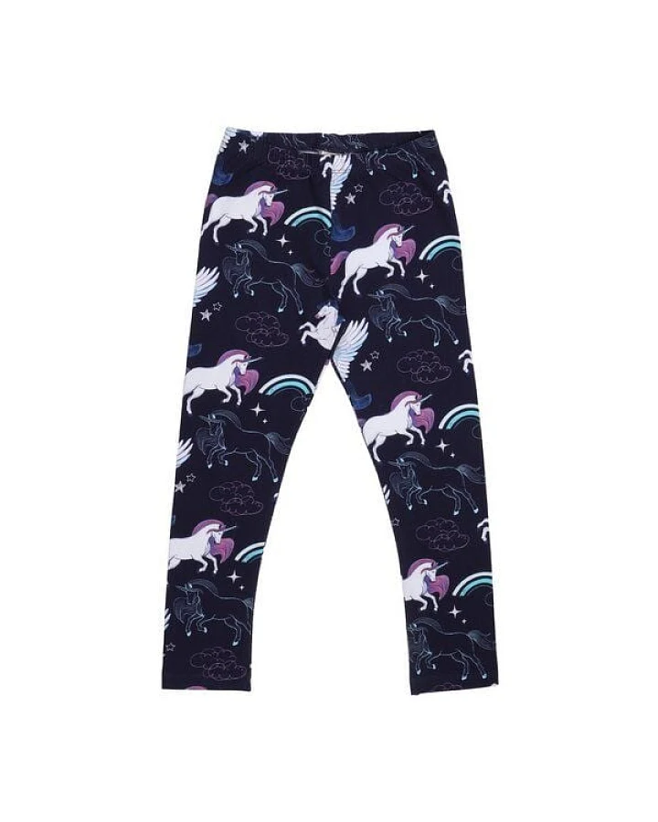 Kinder Leggings GOTS zertifiziert – Dunkelblau mit Einhorn- und Pegasusmotiv, weich & bequem