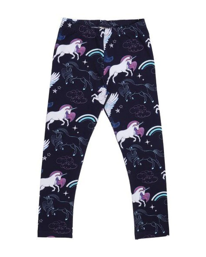 Kinder Leggings GOTS zertifiziert – Dunkelblau mit Einhorn- und Pegasusmotiv, weich & bequem
