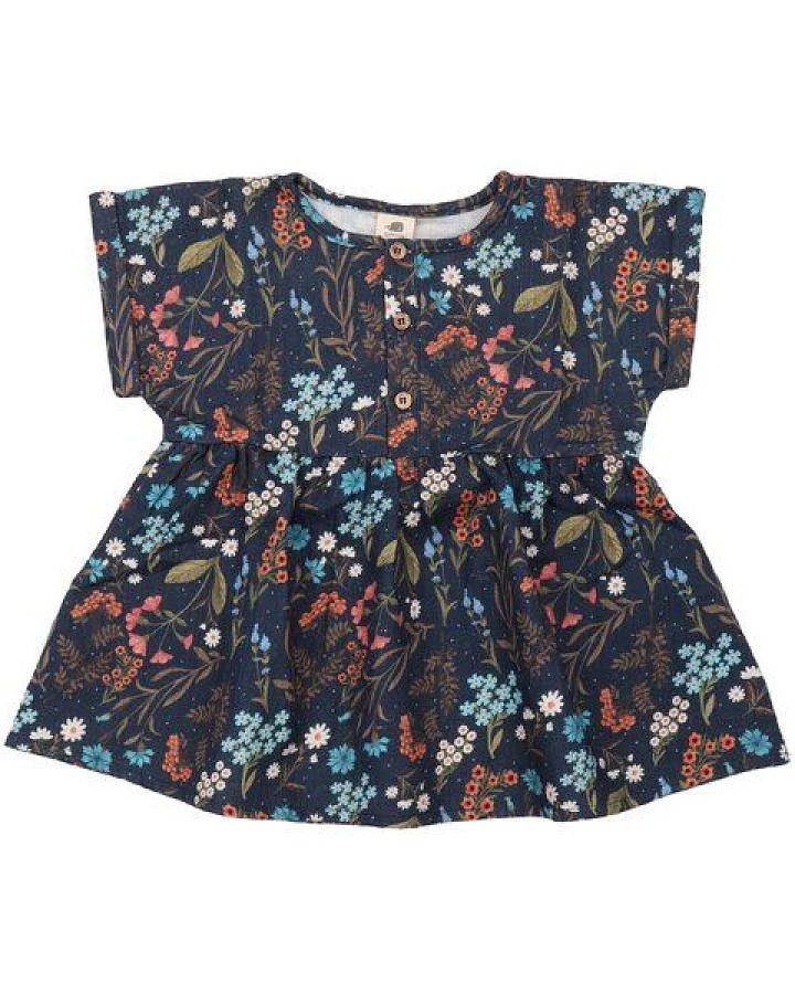 Kinder Bluse GOTS zertifiziert – Bio-Baumwolle, Dunkelblau mit Blumenmuster, kurzärmelig, locker fallend