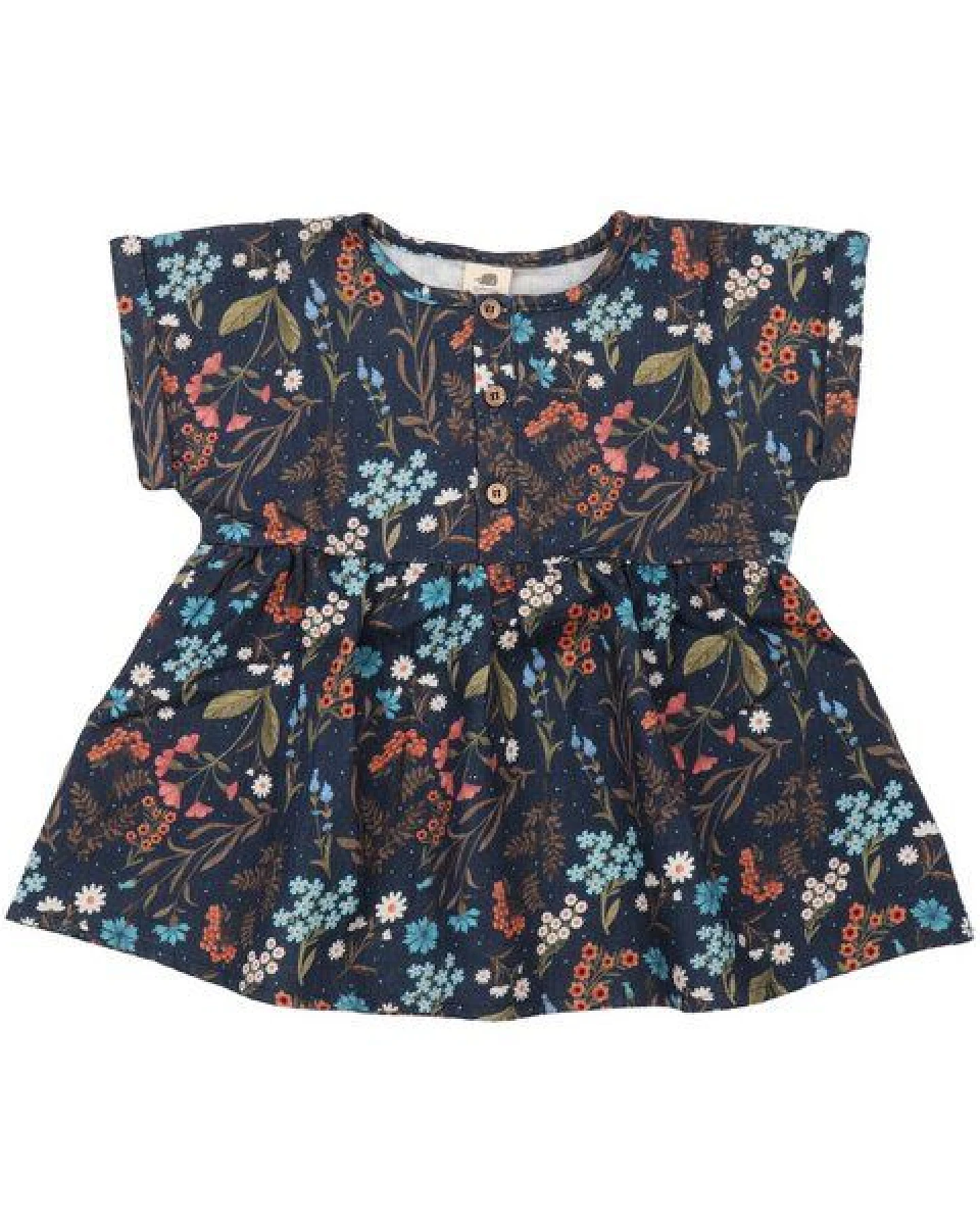 Kinder Bluse GOTS zertifiziert – Bio-Baumwolle, Dunkelblau mit Blumenmuster, kurzärmelig, locker fallend – Ansicht 2