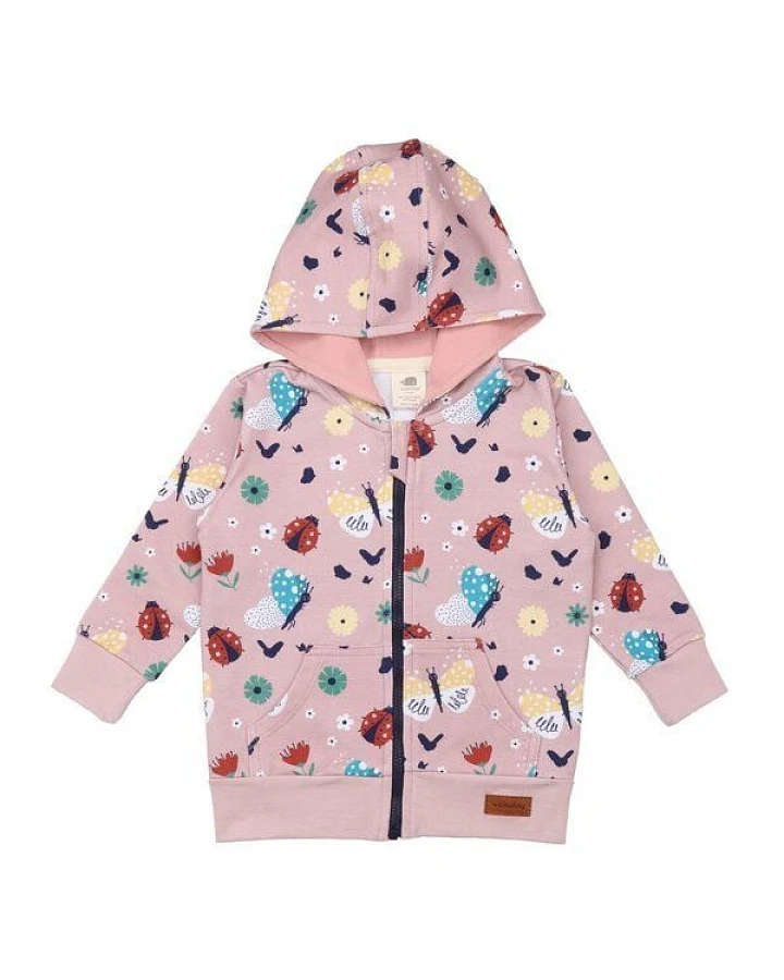 Kinder Kapuzenjacke GOTS zertifiziert, rosa, Marienkäfer & Schmetterlinge Allover, Reißverschluss – Walkiddy