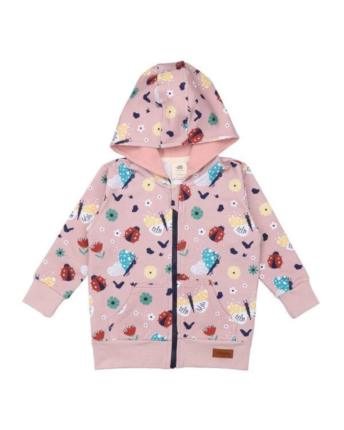 Kinder Kapuzenjacke GOTS zertifiziert, rosa, Marienkäfer & Schmetterlinge Allover, Reißverschluss – Walkiddy – Ansicht 2
