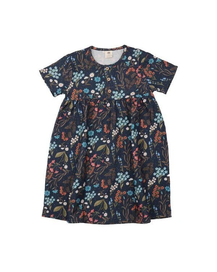 Kinder Kleid GOTS zertifiziert Bio-Baumwolle, Dunkelblau, Blumenmuster, Knopfleiste, Walkiddy