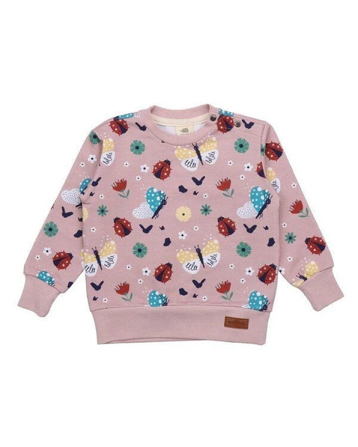 Kinder Sweatshirt GOTS zertifiziert Bio-Baumwolle mit Elasthan, Rosa, Marienkäfer- und Schmetterling-Muster, Walkiddy