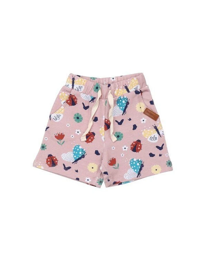Kinder Shorts GOTS zertifiziert – Bio-Baumwolle mit Elasthan, Rosa mit Marienkäfer- & Schmetterlingsmotiv
