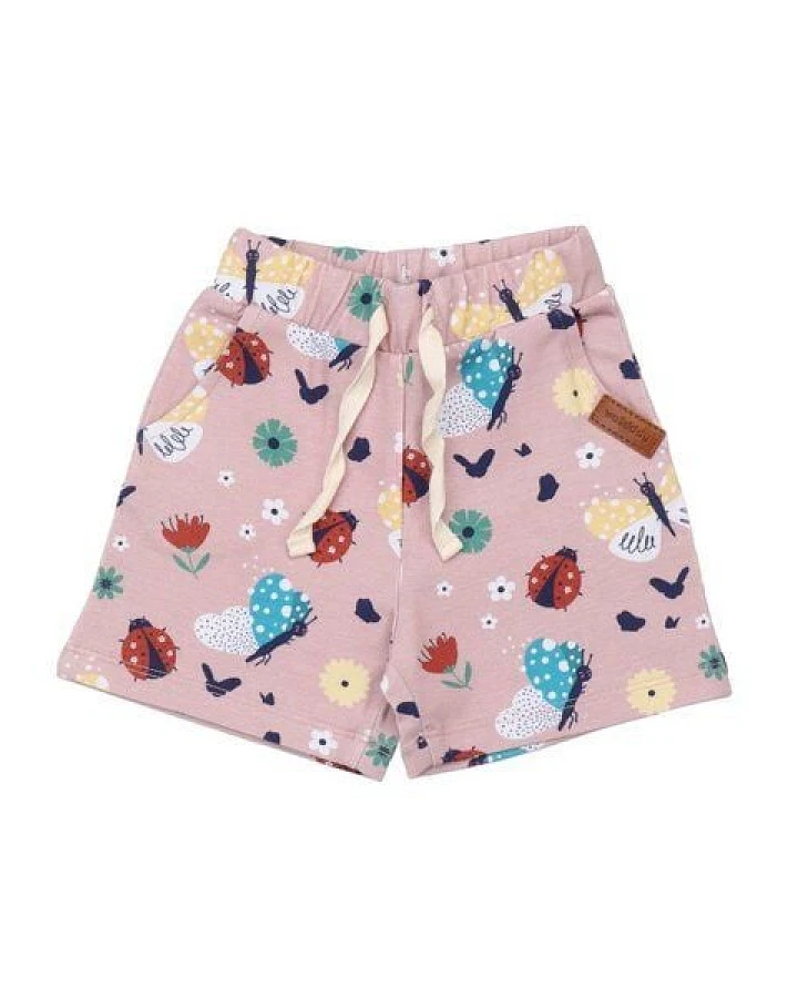 Kinder Shorts GOTS zertifiziert – Bio-Baumwolle mit Elasthan, Rosa mit Marienkäfer- & Schmetterlingsmotiv