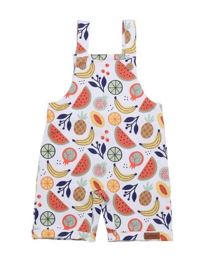 Latzstrampler Weiß Bunte Früchte-Allover Bio-Baumwolle GOTS – Walkiddy