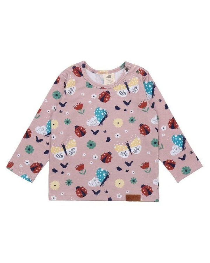 Kinder Langarmshirt GOTS zertifiziert, rosa, Marienkäfer & Schmetterlinge Allover, weich – Walkiddy