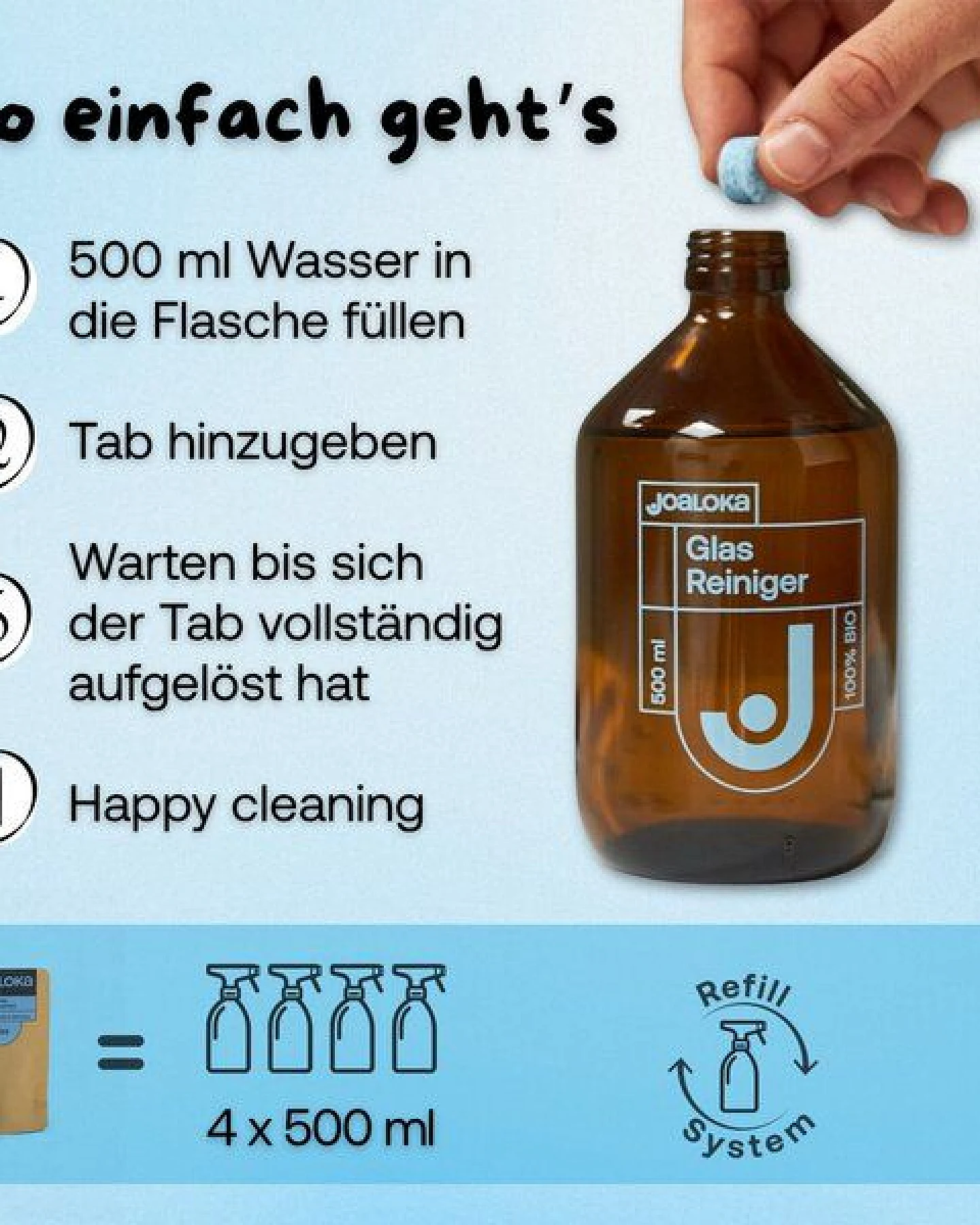 Joaloka 4 Glasreiniger-Tabs - Nachfüllpack - ergibt 2 Liter Reiniger (4 x 500 ml) – Ansicht 3