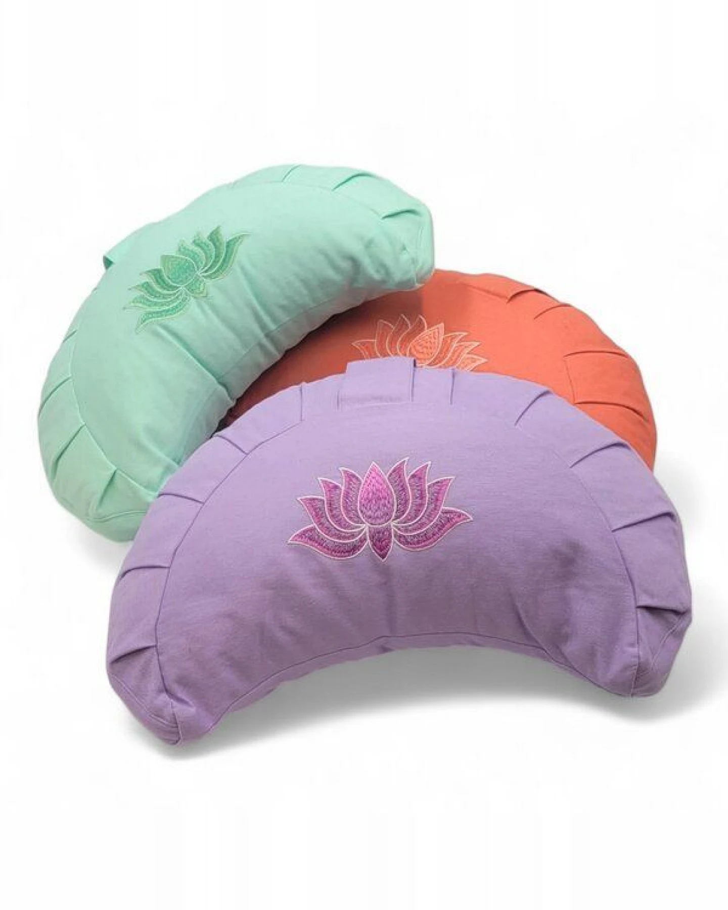 BAGHI Meditationskissen Halbmond pastellige Farben Lotus Bestickung - aus Bio-Baumwolle kbA zertifiziert Sitzhöhe 14 cm – Ansicht 2