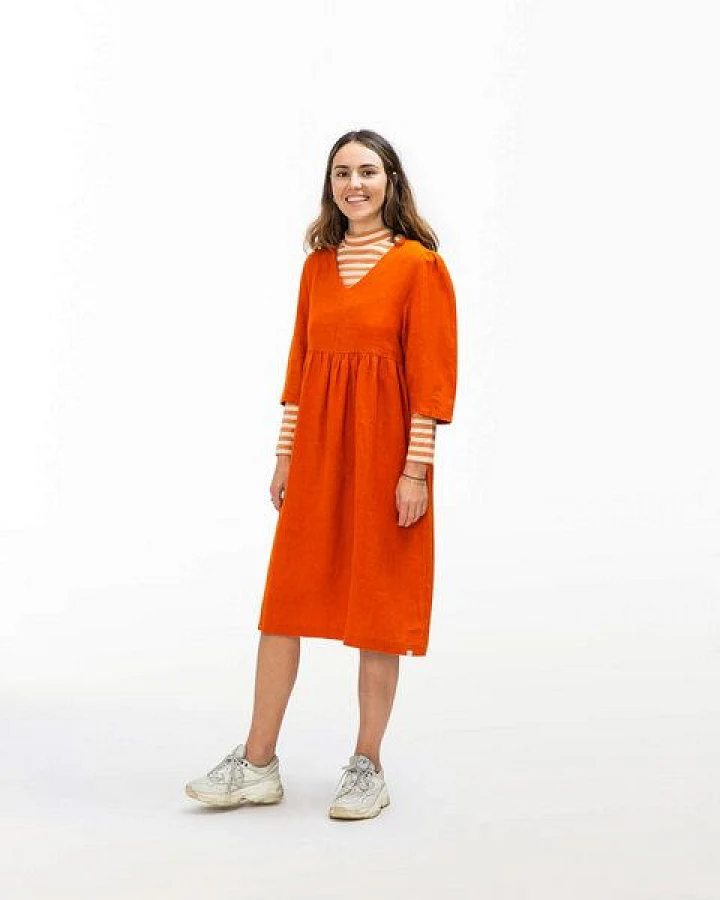 Matona Leinenkleid mit langen Ärmeln für Frauen / Elegant Midi Dress