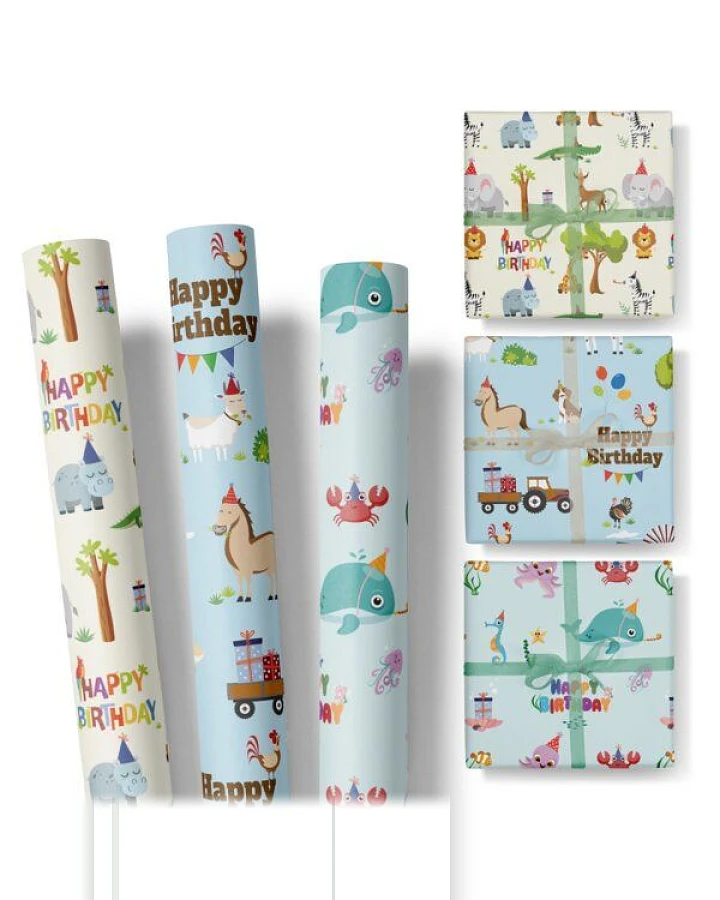 Fines Papeterie 3x 3m Geschenkpapier HAPPY BIRTHDAY ZOO Set für Kinder * 3 Rollen je 300x47 cm * Einpackpapier mit lustigen Tieren * Bauernhof * Safari * Meer