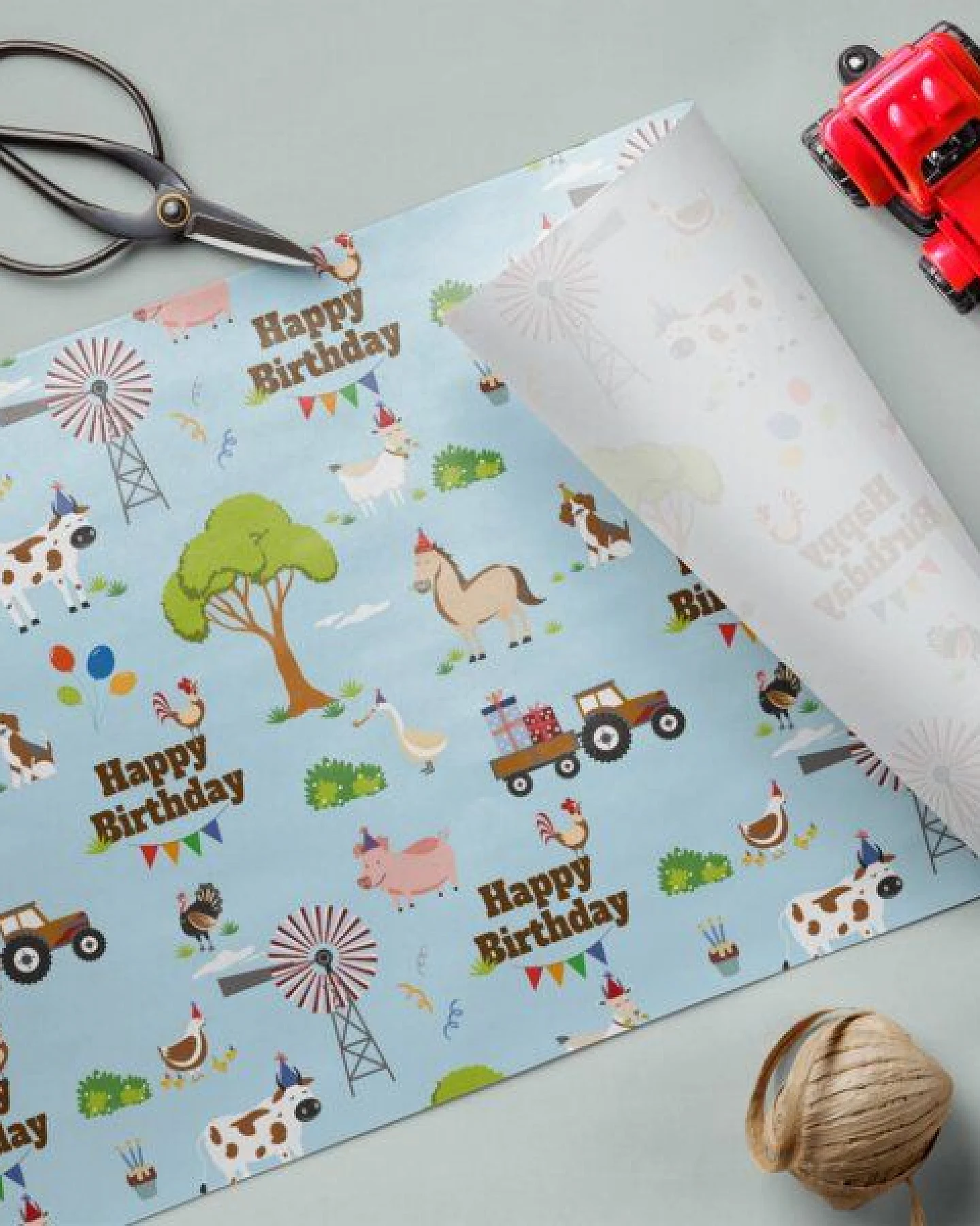 Fines Papeterie 3x 3m Geschenkpapier HAPPY BIRTHDAY ZOO Set für Kinder * 3 Rollen je 300x47 cm * Einpackpapier mit lustigen Tieren * Bauernhof * Safari * Meer – Ansicht 2