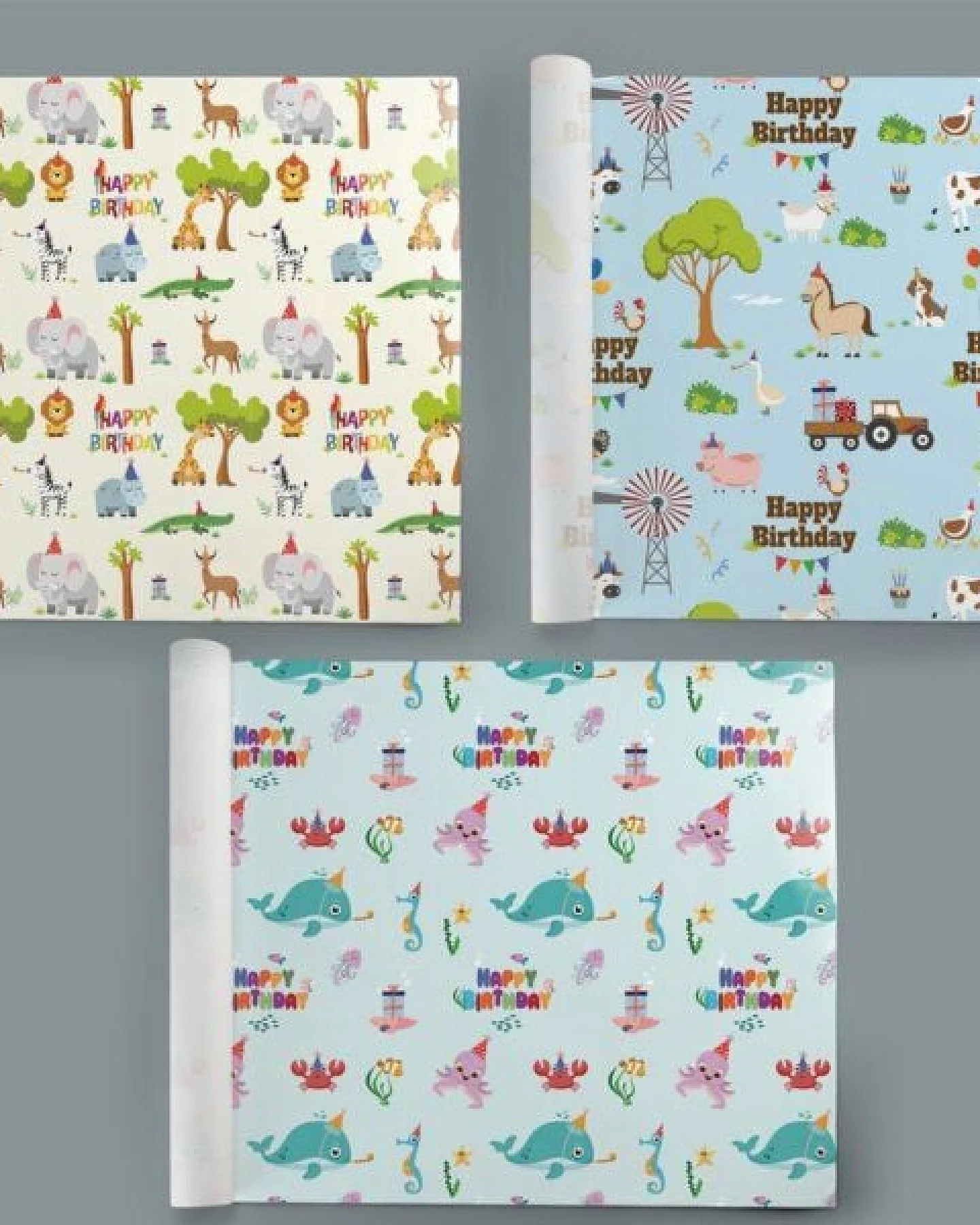 Fines Papeterie 3x 3m Geschenkpapier HAPPY BIRTHDAY ZOO Set für Kinder * 3 Rollen je 300x47 cm * Einpackpapier mit lustigen Tieren * Bauernhof * Safari * Meer – Ansicht 3