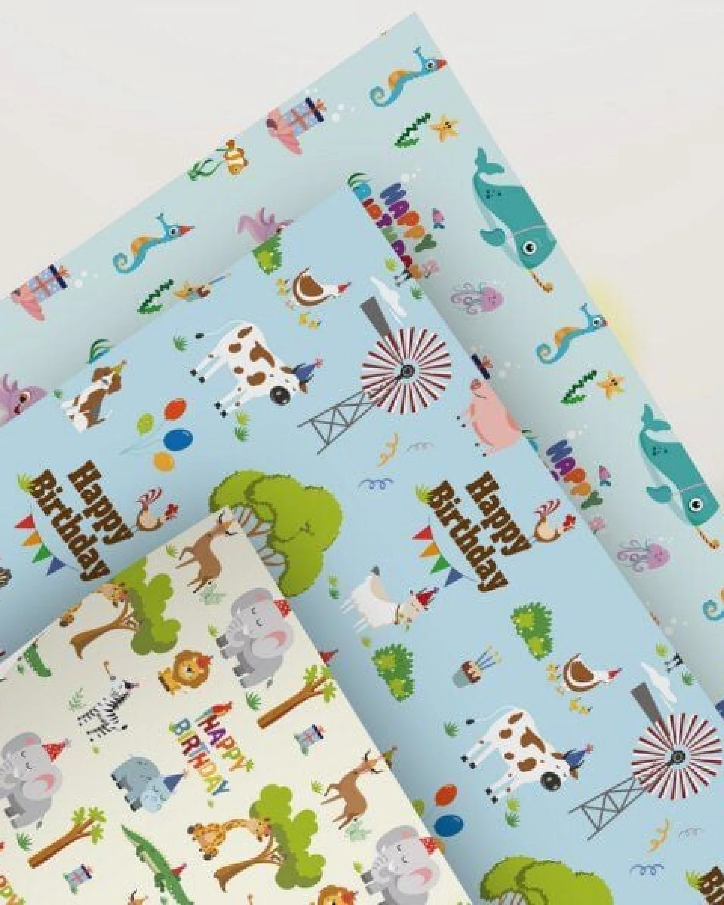 Fines Papeterie 3x 3m Geschenkpapier HAPPY BIRTHDAY ZOO Set für Kinder * 3 Rollen je 300x47 cm * Einpackpapier mit lustigen Tieren * Bauernhof * Safari * Meer – Ansicht 4