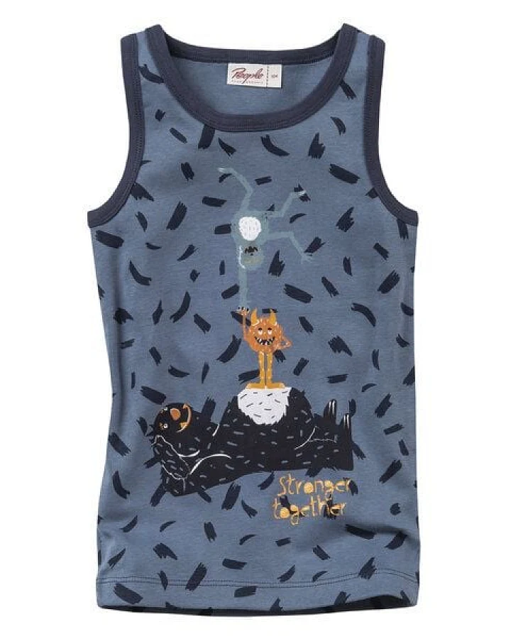 People Wear Organic Unterhemd, blau bedruckt, "Monster-Akrobaten", Bio-Baumwolle