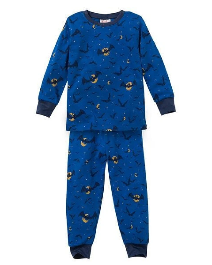 People Wear Organic Pyjama, blau bedruckt "Fledermäuse", Bio-Baumwolle