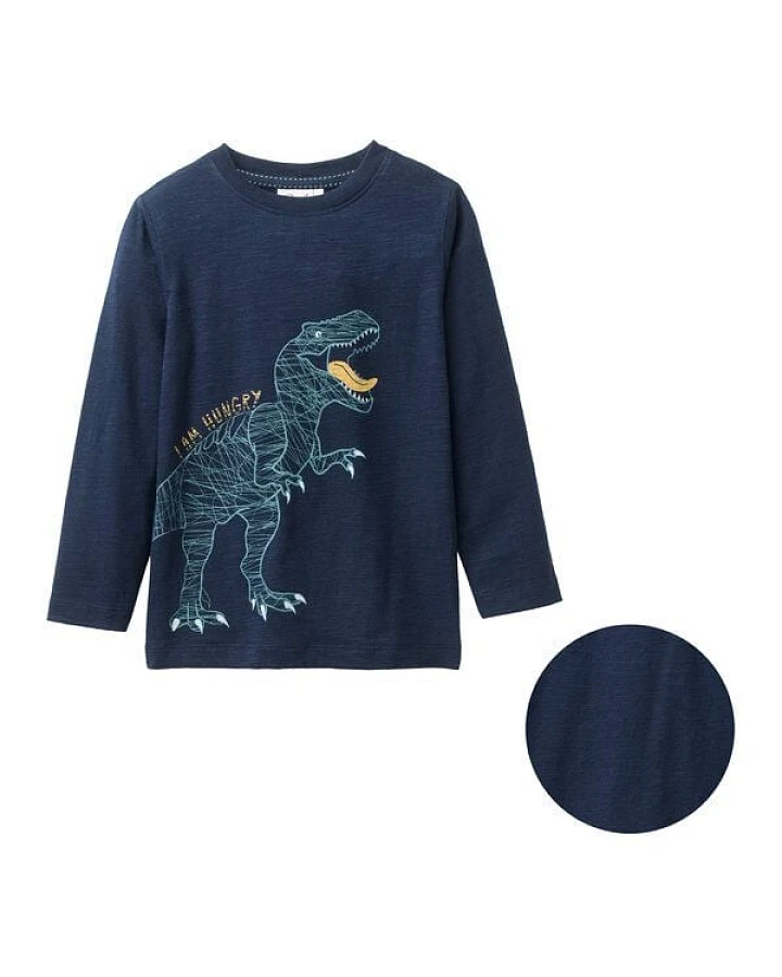 People Wear Organic Langarm Shirt, dunkelblau, "T-Rex", Bio-Baumwolle