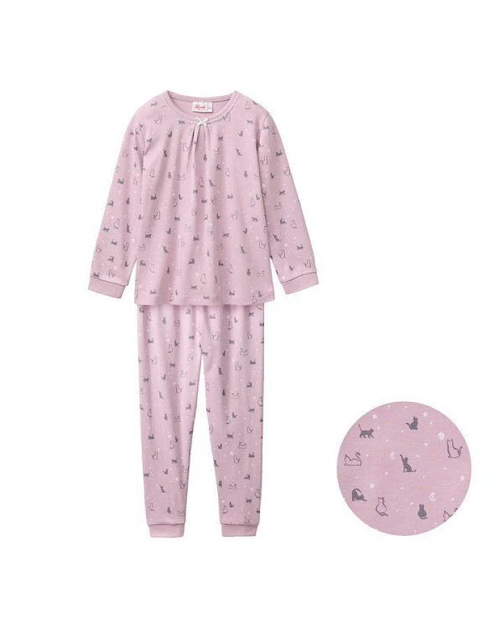 People Wear Organic Pyjama, rosa bedruckt, "Katzen", Bio-Baumwolle
