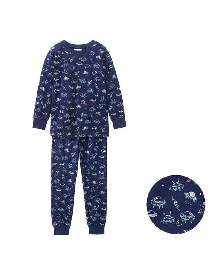People Wear Organic Pyjama, dunkelblau bedruckt, "Weltall", Bio-Baumwolle