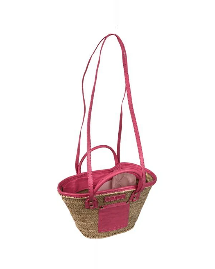 NATUREHOME Palmblatt-Tasche mit stilvollen Pinken Leder-Highlights 37x12x16cm