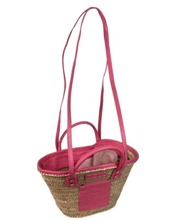 NATUREHOME Palmblatt-Tasche mit stilvollen Pinken Leder-Highlights 37x12x16cm