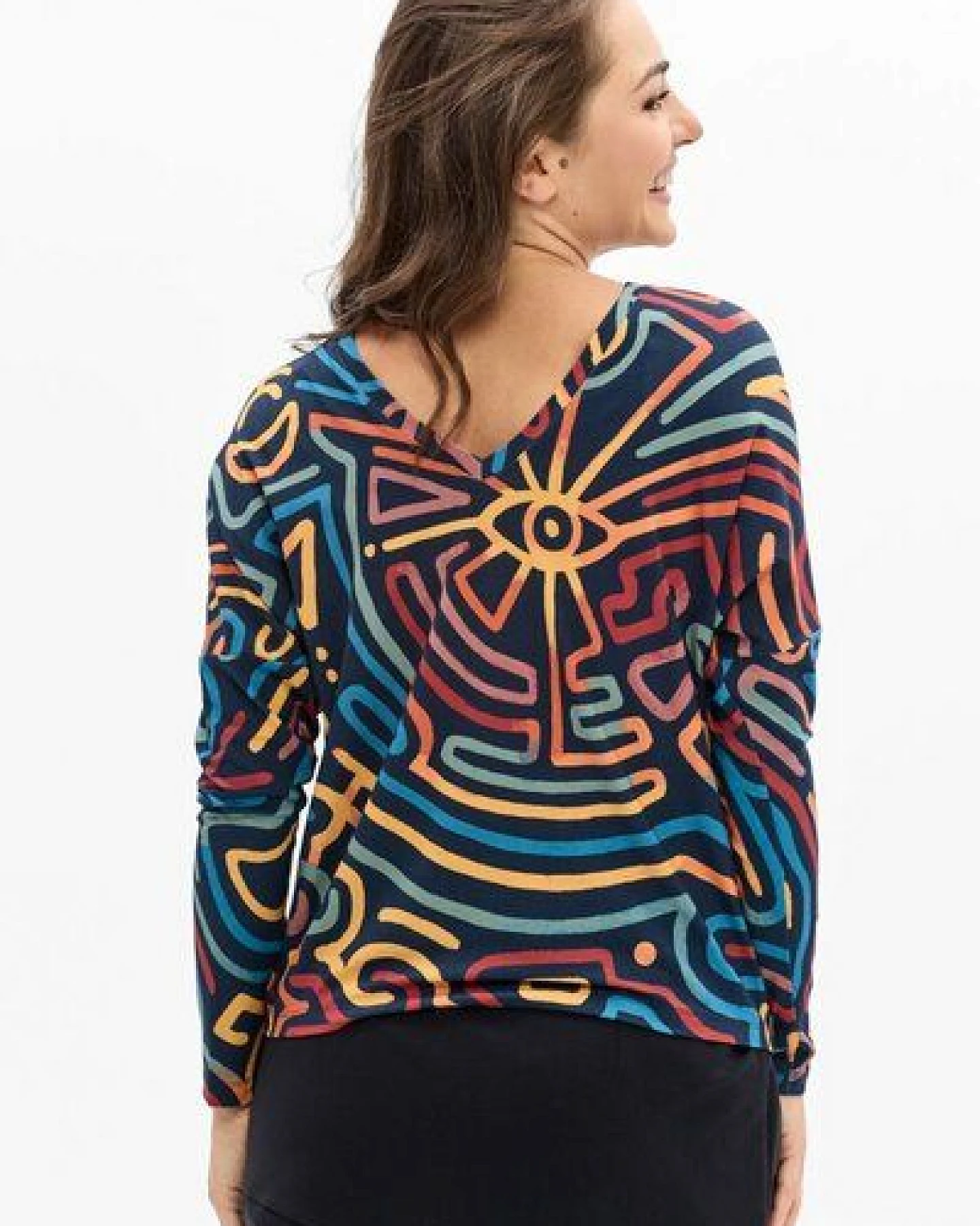 Bluse Saja Longsleeve – Viskose farbenfroher KOKOworld Print weiter Schnitt V-Ausschnitt – perfekt für Yoga – Fair produziert – Ansicht 2