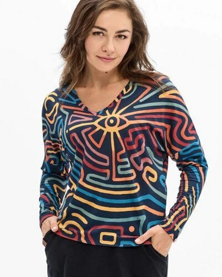 Bluse Saja Longsleeve – Viskose farbenfroher KOKOworld Print weiter Schnitt V-Ausschnitt – perfekt für Yoga – Fair produziert