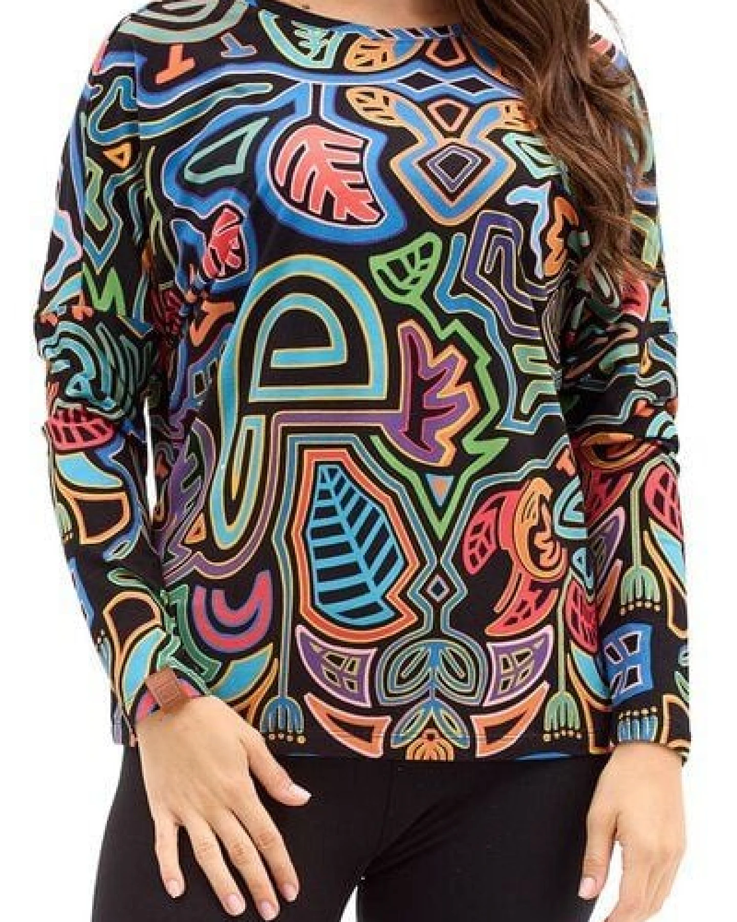 Bluse Saja Longsleeve – Viskose farbenfroher KOKOworld Print weiter Schnitt V-Ausschnitt – perfekt für Yoga – Fair produziert – Ansicht 2