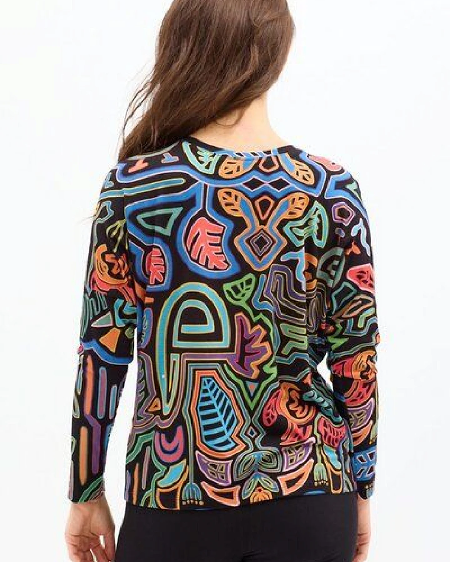 Bluse Saja Longsleeve – Viskose farbenfroher KOKOworld Print weiter Schnitt V-Ausschnitt – perfekt für Yoga – Fair produziert – Ansicht 3