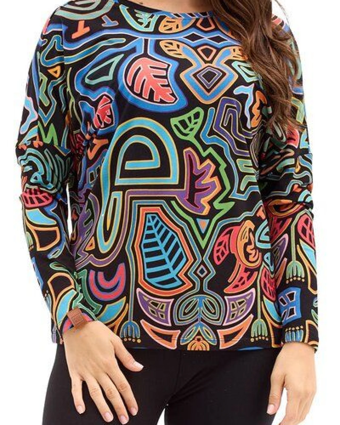 Bluse Saja Longsleeve – Viskose farbenfroher KOKOworld Print weiter Schnitt V-Ausschnitt – perfekt für Yoga – Fair produziert – Ansicht 2