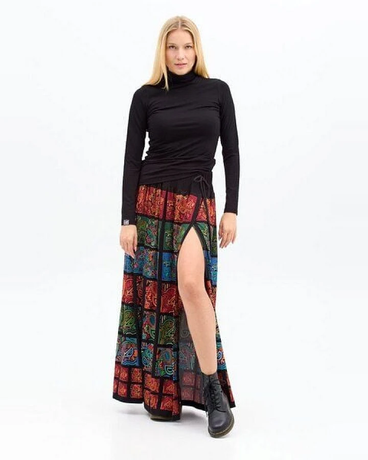 Maxirock Tula – schwarze Basis mit farbenfrohem KOKOworld Print inspiriert von Molas der Kuna – Frontschlitz – elastischer Bund mit Bindeband – Viskose mit Elasthan – Fair produziert in Polen