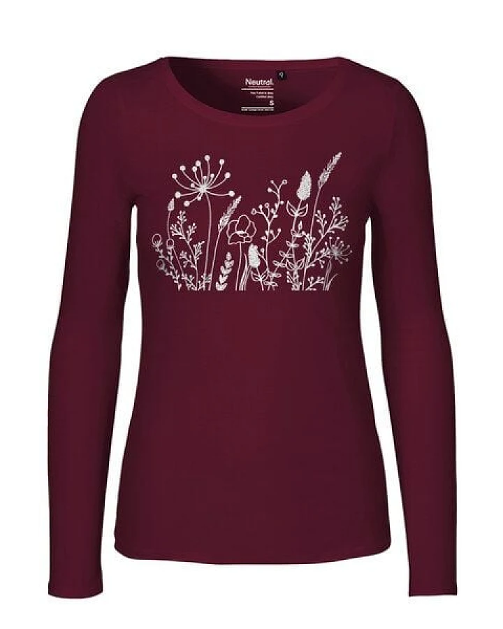 HANDGEDRUCKT "Wilde Wiese" Frauen Longsleeve aus reiner Biobaumwolle (kbA)