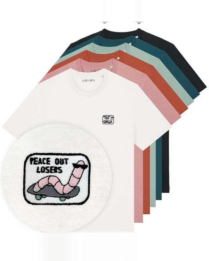 Besticktes T-Shirt – Ollie der Skater-Wurm – LIGARTI Tiermanufaktur