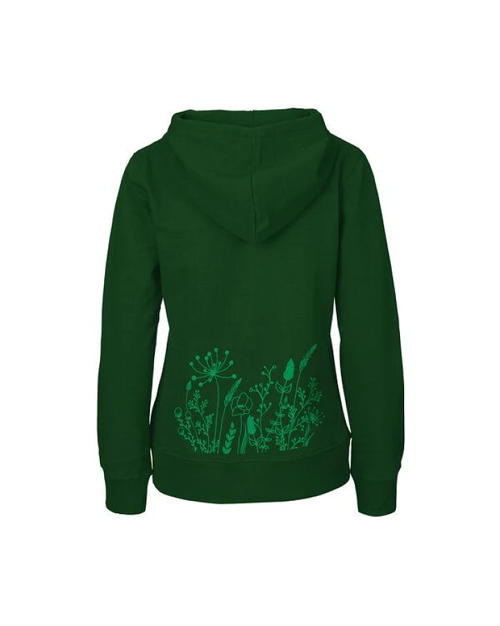 HANDGEDRUCKT "Wilde Wiese" Frauen Zip-HOODY aus reiner Biobaumwolle (kbA)