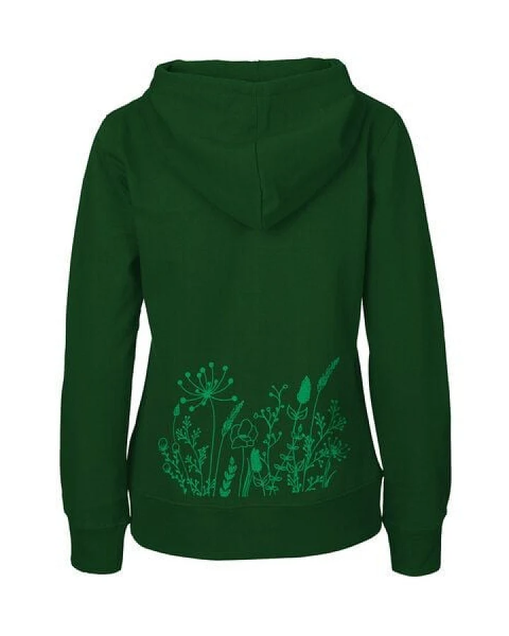 HANDGEDRUCKT "Wilde Wiese" Frauen Zip-HOODY aus reiner Biobaumwolle (kbA)
