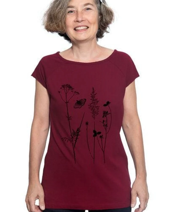 Hirschkind Bio-& Fair-Trade-Frauenshirt "Schmetterlingswiese" weinrot