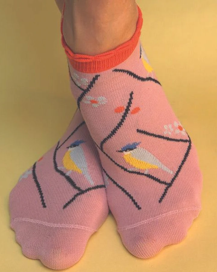 Fräulein Prusselise Meise Sneaker Socke, rosa, Vogel, nature, bunt gemustert