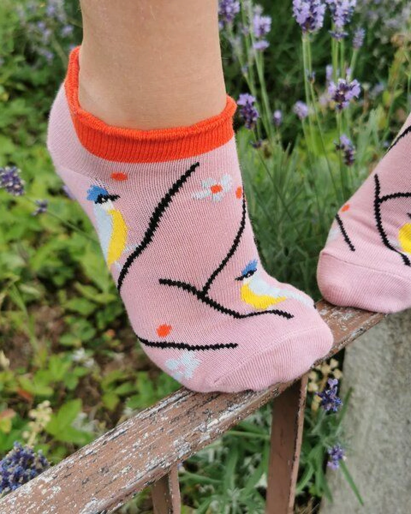 Fräulein Prusselise Meise Sneaker Socke, rosa, Vogel, nature, bunt gemustert – Ansicht 3