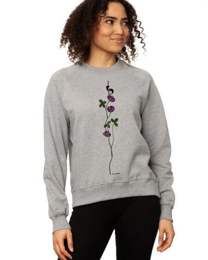 FellHerz Glücksklee Damen Raglan Sweater grey melange bio & fair & handbedruckt