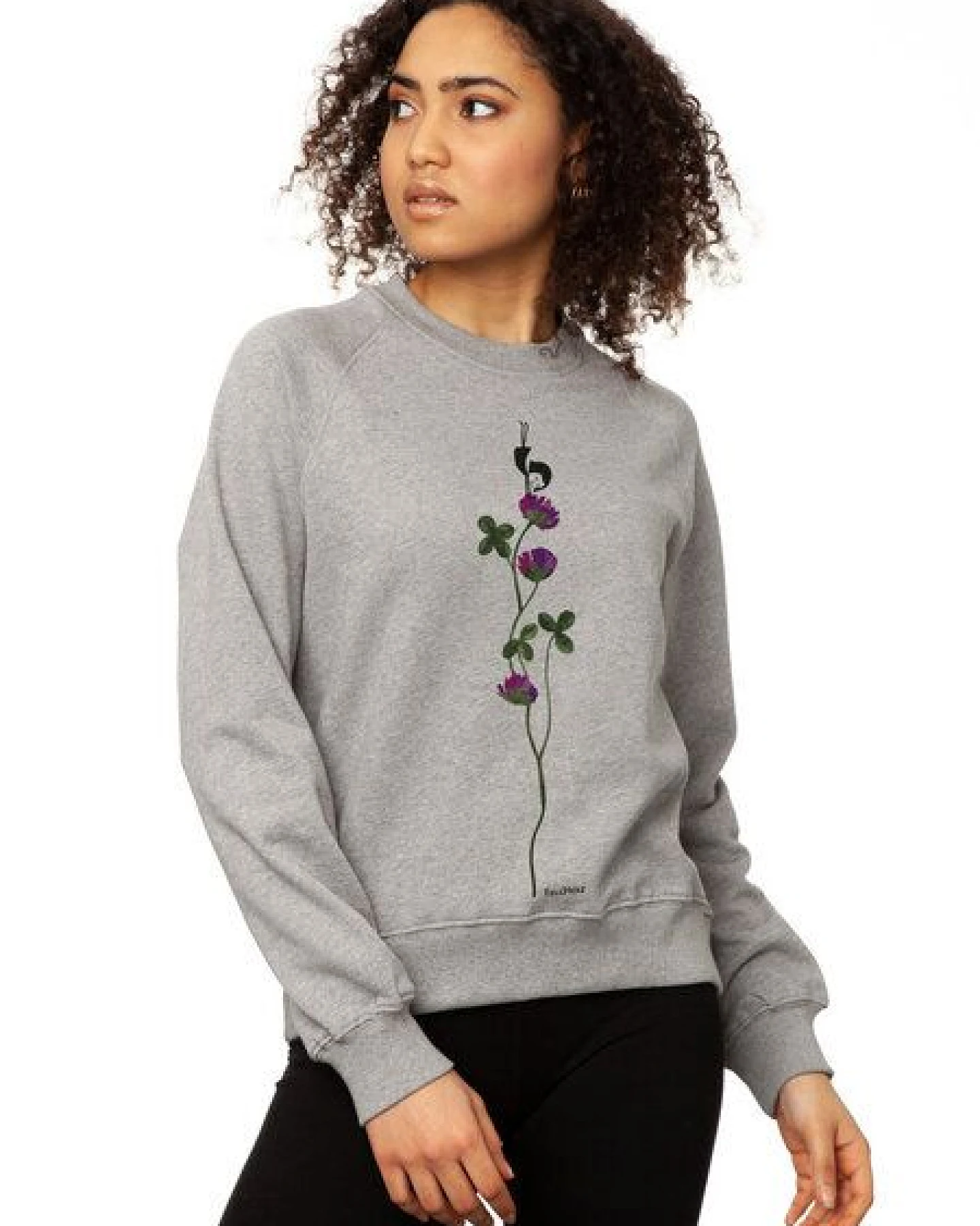 FellHerz Glücksklee Damen Raglan Sweater grey melange bio & fair & handbedruckt – Ansicht 3