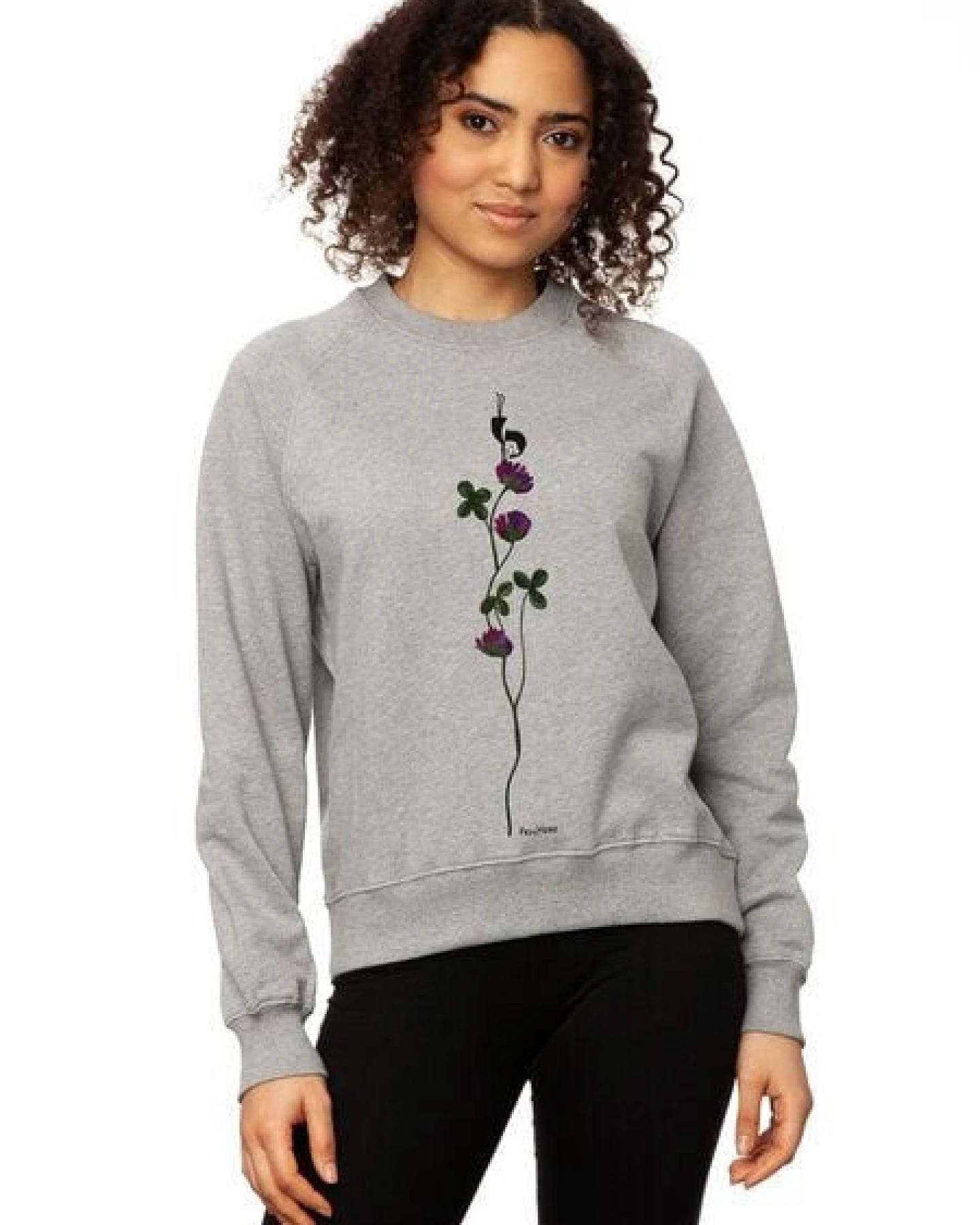 FellHerz Glücksklee Damen Raglan Sweater grey melange bio & fair & handbedruckt – Ansicht 2