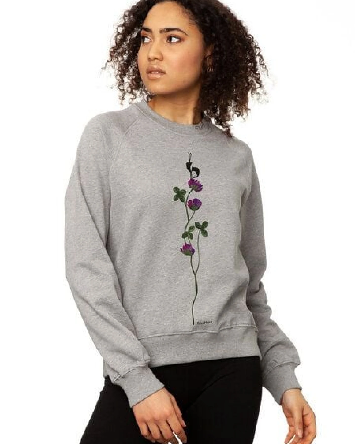 FellHerz Glücksklee Damen Raglan Sweater grey melange bio & fair & handbedruckt – Ansicht 3